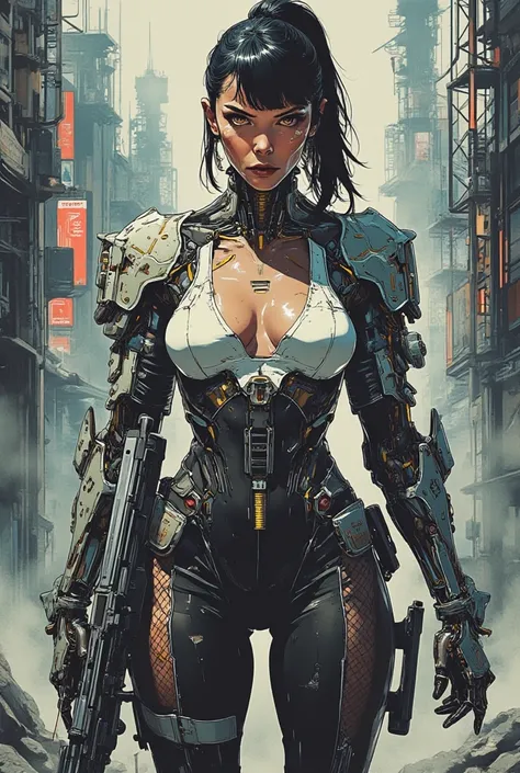               a sexy cyborg woman              . cyberpunk. Cybernetic components. Cyberpunk clothing  . Queue de cheval et frange. huge drooping chest. A very wide neckline. ville dystopique. She is armed with a sniper rifle. She is wearing sexy cyberneti...