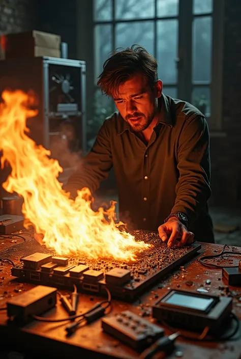 A scorched and smoky motherboard, with a desperate character holding his head. In the background, an open PC with disconnected cables and tools scattered.  The caption may read : 'I forgot to check the source voltage...