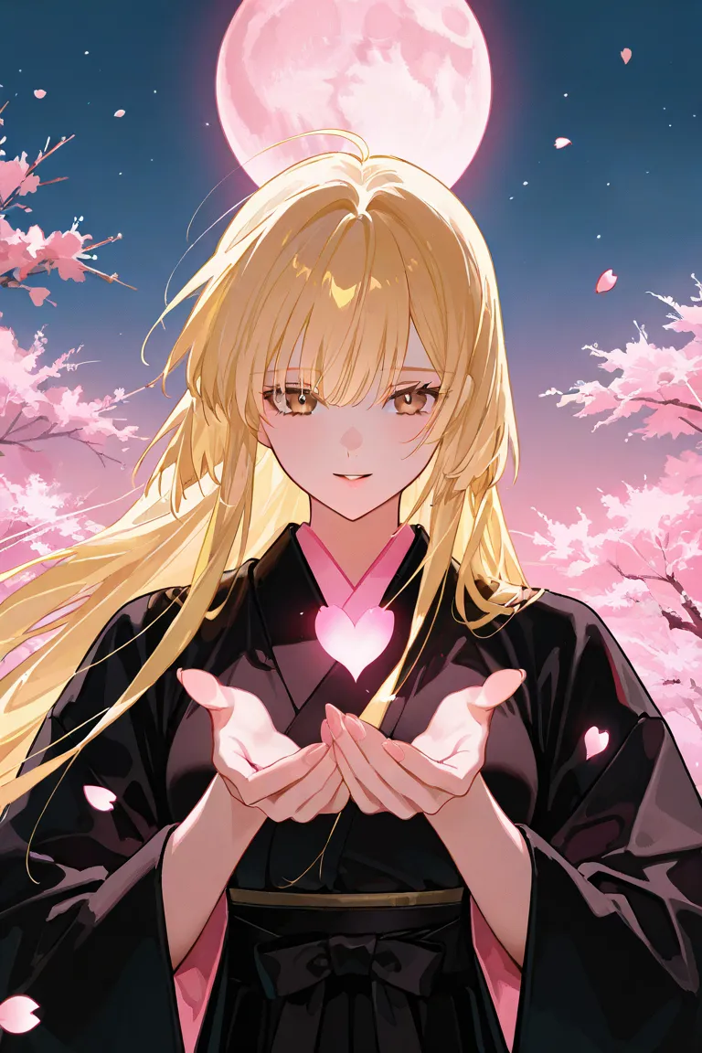 1girl,  Long-haired blonde , long blond golden hair flutters in the wind,  brown eyes,   brown eyes , samurai girl in white and black clothes, holding the red and pink light of love, light in the palms, pink glowing heart in the girl's hands, girl in love ...