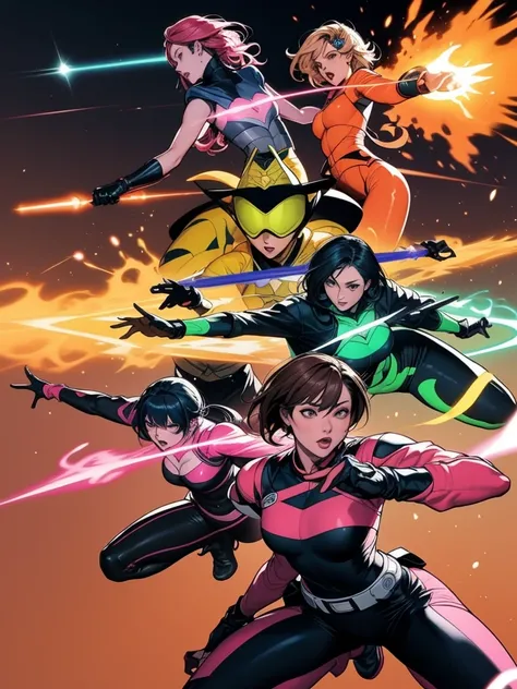 A brave and daring image of the six-woman Ranger team, Each is decorated with the following vibrant colors::Fire engine red, neon pink, Sunset Orange, Indigo Blue, Fluorescent Green, shocking yellow. A dynamic pose with a background that oozes energy and c...