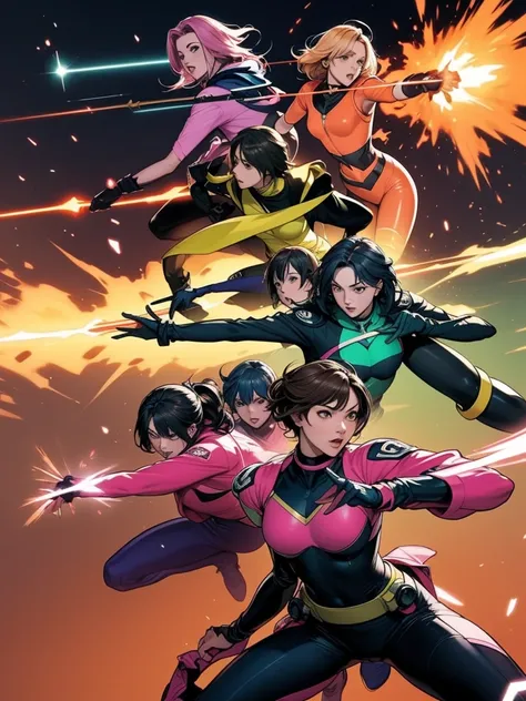 A brave and daring image of the six-woman Ranger team, Each is decorated with the following vibrant colors::Fire engine red, neon pink, Sunset Orange, Indigo Blue, Fluorescent Green, shocking yellow. A dynamic pose with a background that oozes energy and c...