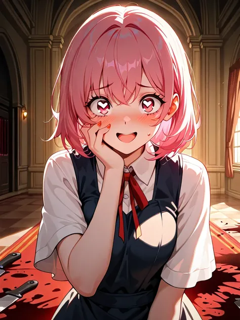 ((((  masterpiece)))), (((( top quality)))),  High Resolution,fine grain, detailed faces,1 girl,pink hair,short hair,sling,heart eye, glows red,ecstatic expression,knife,Shake it up,Blood Splatter,Red Dye,Inside the mansion,Great Hall, anime,