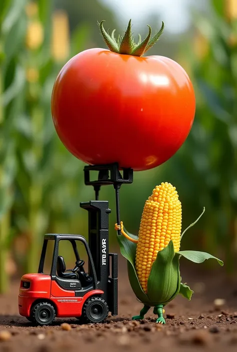 Tiny small corncob driving forklift lifting tomato 