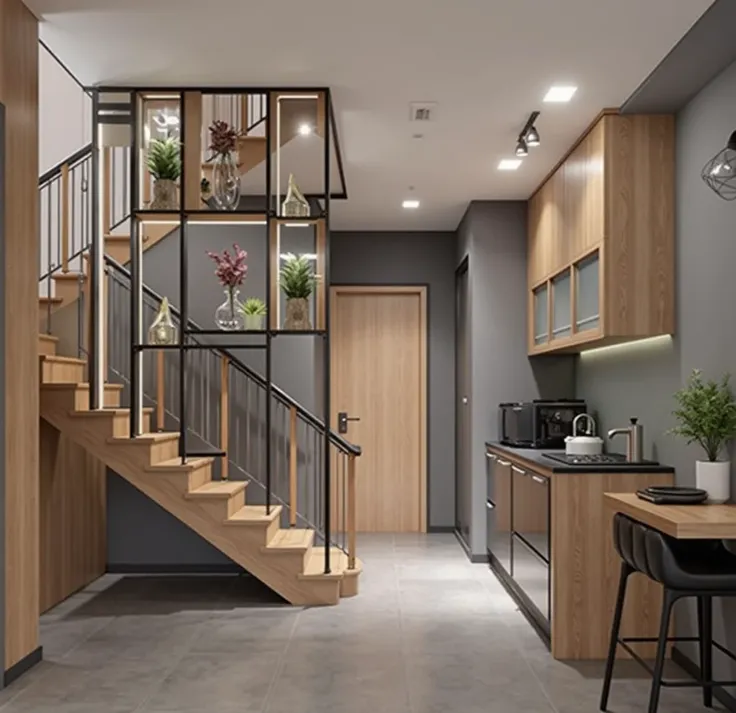 Imagine A modern interior design of a compact living space with an open-concept layout. The room is divided into three main areas: a living room on the left, a decorative staircase partition in the center, and a kitchen with a dining area on the right. The...