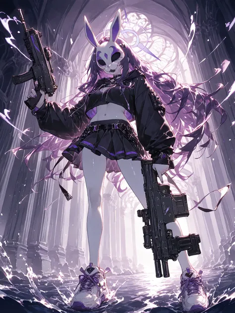 Neon Violet (Character), Bunny mask, bunny ears, purple hair, short hair, white skin, skirt, sneakers, skirt, crop top, cropped hoodie, holding a gun, BREAK 

Old white church with water and waterfalls around , shiny, shiny skin, bloody skin, masterpiece, ...