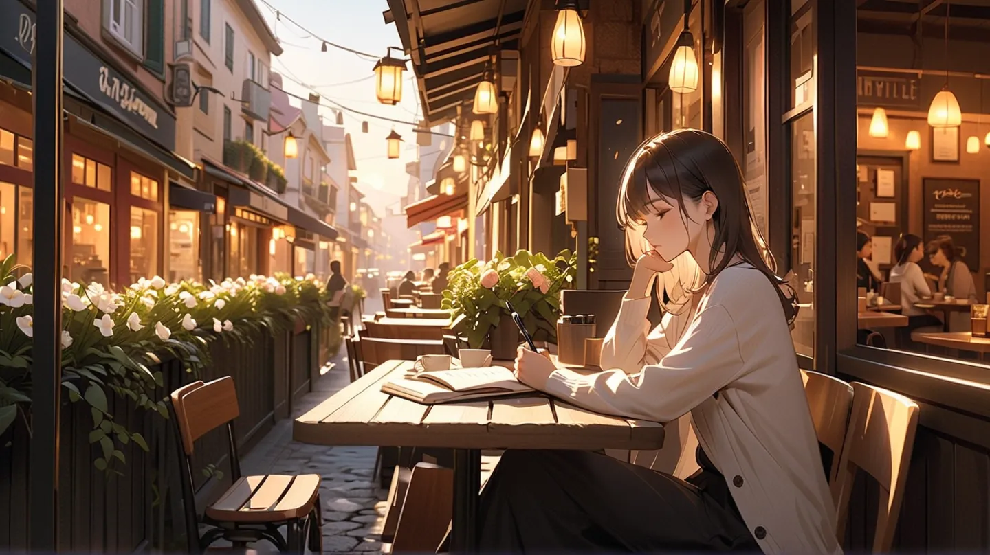  cafe terrace seat、Study、Holding a pen、textbook、Notes、Cafe latte、flower、woman、lost in thought