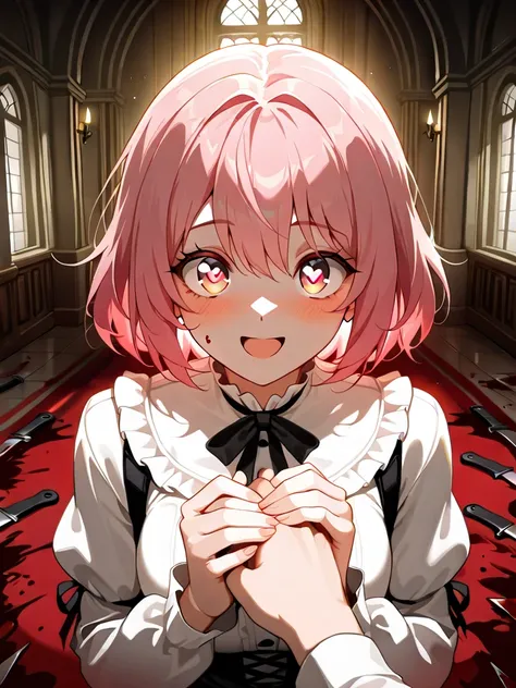 ((((  masterpiece)))), (((( top quality)))),  High Resolution,fine grain, detailed faces,1 girl,pink hair,short hair,sling,heart eye, glows red,ecstatic expression,knife,Hold with both hands,Shake it up,Blood Splatter,Red Dye,Inside the mansion,Great Hall,...