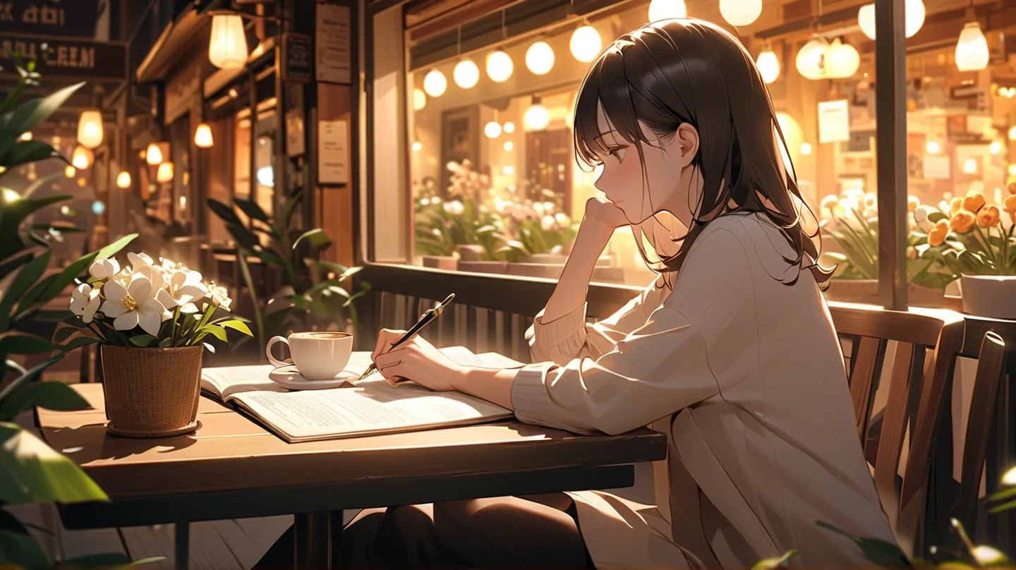  cafe terrace seat、Study、Holding a pen、textbook、Notes、Cafe latte、flower、woman、lost in thought