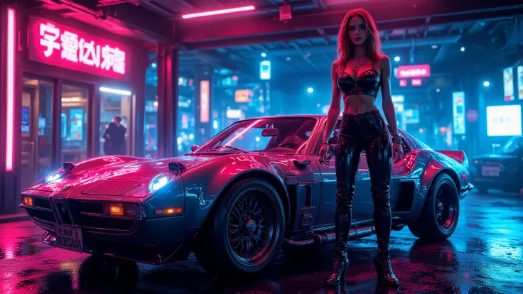 retrowave car attractive girl near  car