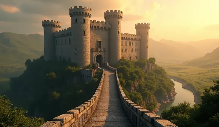 "A grand medieval castle with towering stone walls and elegant turrets, sitting atop a hill overlooking a vast, green valley. The golden light of the setting sun bathes the landscape in a warm glow, and a river winds through the countryside below. A long s...