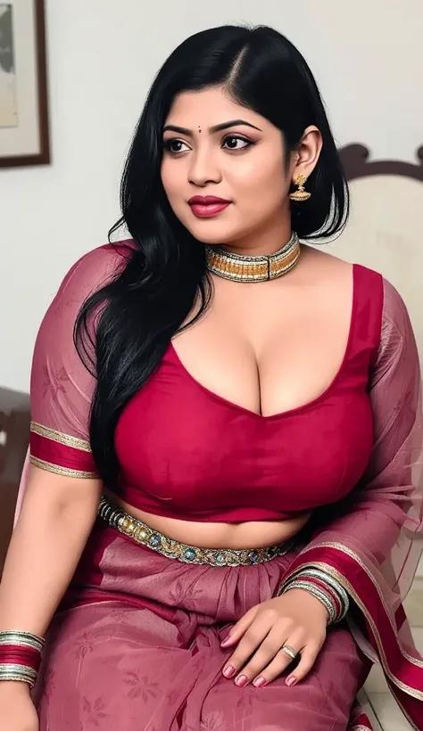 Wearing black transparent saree, Tight on breast red glossy strapless blouse,VEIL, Big lips, full body picture , Moaning facial expressions,Mouth slightly open and expression like moaning,Bindi on forehead, wet Desi woman showing her big ass  in sexy THONG...