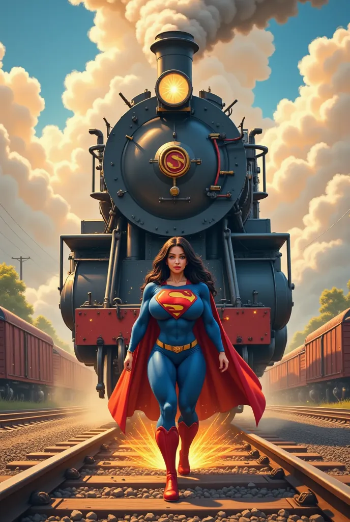 "A dynamic 1990s comic book-style illustration of a age female superhero with long, flowing black hair, wearing a Superman-inspired suit. She dons a blue bodysuit with a bold emblem on her chest, a flowing red cape billowing in the wind, and red boots plan...