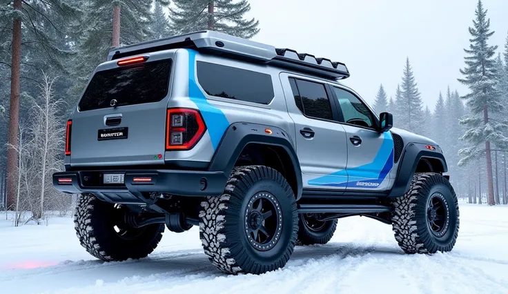 "A powerful off-road expedition truck based on a Mack design, shown in a three-quarter rear view (side-back angle). The truck has a rugged and futuristic look, painted in a sleek silver-blue color with blue and white stripes along the body. The large off-r...