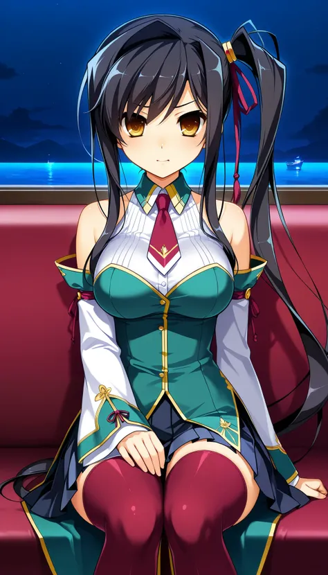 woman, Night Boat   \(Koihime Musou \), (   black hair,  Long Side Ponytail ), nasty expression　and your cheeks red　 sexy　sits on her knees