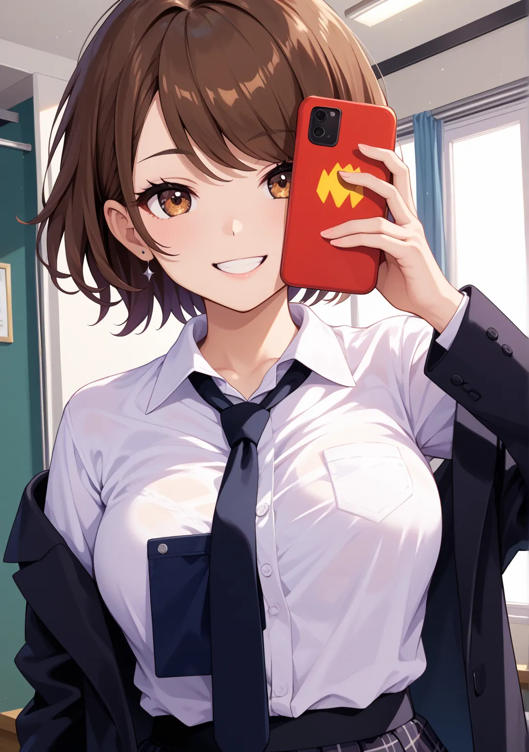 nsfw,one girl, McDonald,short hair,straight hair ,brown hair, brown eyes,swept bangs,smile,Selfie,cloudy,dim, suit, skirt,tie