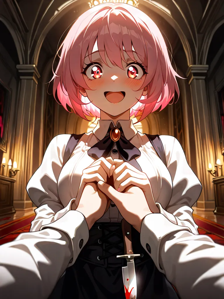 ((((  masterpiece)))), (((( top quality)))),  High Resolution,fine grain, detailed faces,1 girl,pink hair,short hair,sling,heart eye, glows red,ecstatic expression,knife,Hold with both hands,pierce,Blood Splatter,Red Dye,Inside the mansion,Great Hall, anim...