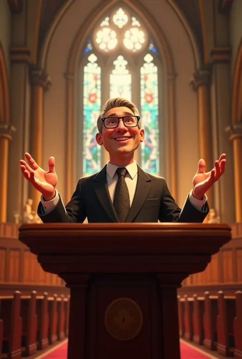 Disney Pixar image of evangelical pastor in black suit ,white shirt ,glasses ,Smiling in the pulpit 