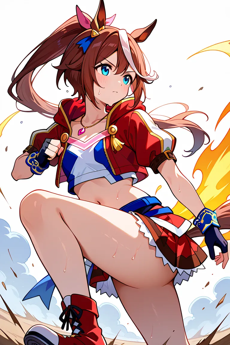  tokai teio, 、flat breast、Tokaihorizon, horse tail, long hair, high ponytail, animal ears, ear ornament, red jacket, cropped jacket, hooded jacket, open jacket, puffy short sleeves, black gloves, fingerless gloves, red skirt, miniskirt, belt, necklace, mid...