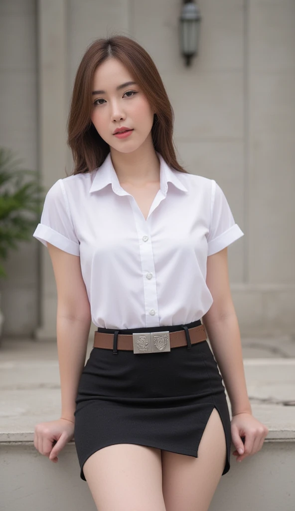 young Asian girl with brown hair, slender, wearing a white short-sleeve blouse, dimly see bra inside, her shirt tucked into a short black pencil skirt with side slit, suede dark brown with university rectangle silver emblem belt at her waist, sexy sit pose