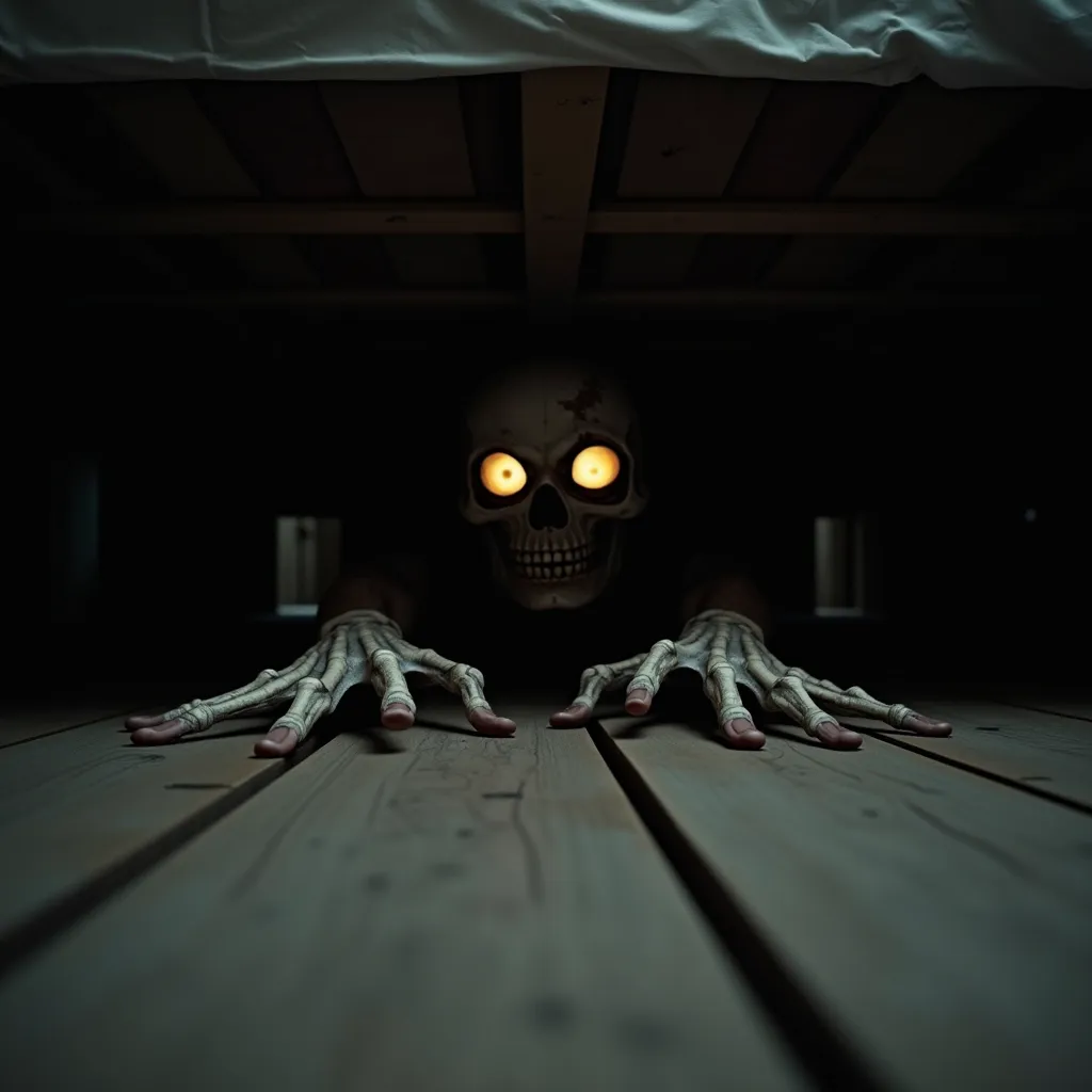 View under the bed, low and oppressive angle. Deep in the darkness, two yellowish eyes shine, accompanied by a wide and distorted smile. Thin, skeletal fingers begin to crawl across the floor, leaving deep marks on the wood.