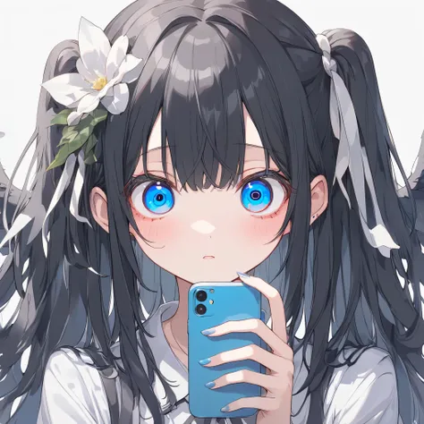 ((A girl with round eyes:1.4))，((long black hair))、(( blue eyes))、is staring at her smartphone with one hand