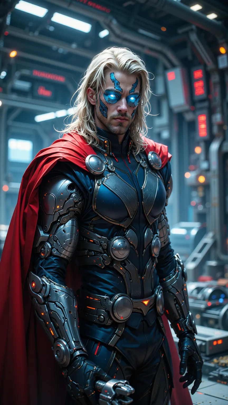 Thor in a remote laboratory, Expressionless cybernetic face, hologram eyes, Advanced technical equipment, mechanical body, Committed to a groundbreaking discovery, Thor in a remote laboratory wearing a futuristic costume, wielding futuristic mjolnir, Surro...