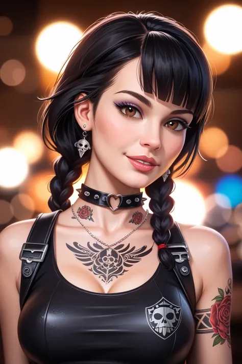 Latin woman Emo braided black hair brown eyes, a black top, with tattoos, Toma full body pilot suit,  realistic art style ,  portrait of Rossdraws , portrait of art germ,  realistic art style , realistic digital art 4k, realistic digital art 4k, german art...