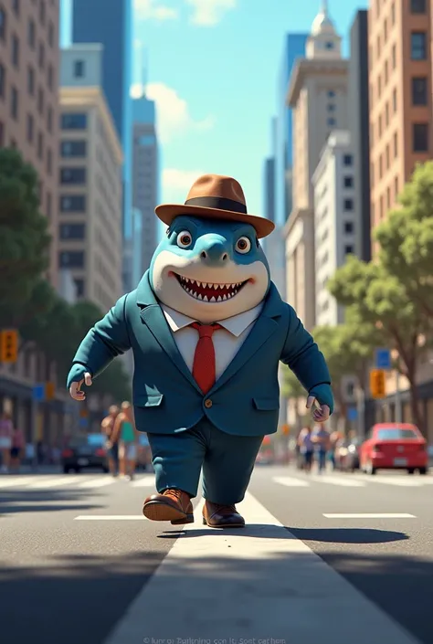 Take a picture of a shark dressed as a human in Australia with a city in the background 