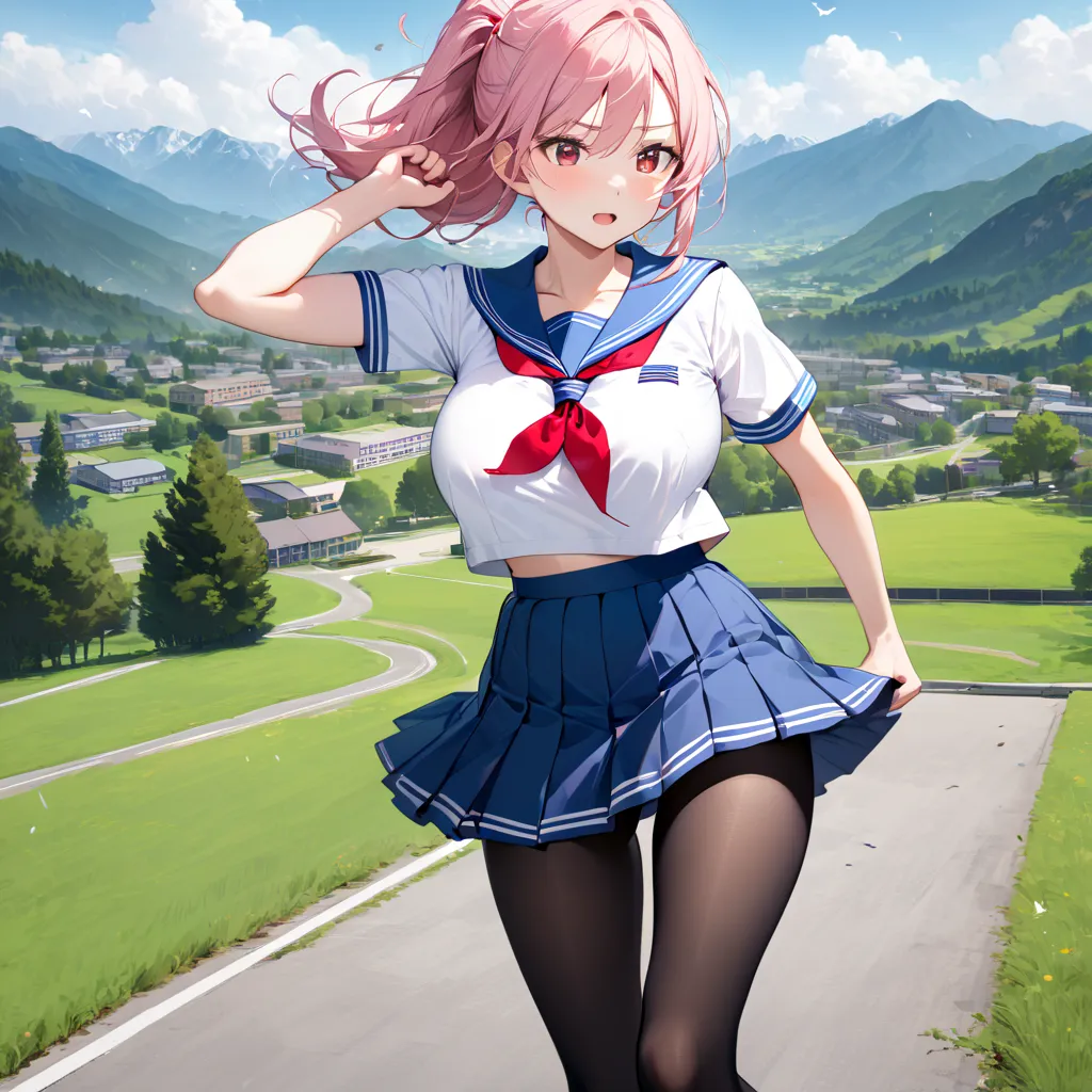 masterpiece, landscape, school, (longtorso_v0.63_pony), (bouncing breasts), large breasts, BREAK, very skinny girl standing, arched back, tiptoe, pigeon toed, BREAK, school uniform, (sailor uniform with red tie), flapping too short blue skirt, thigh gap, b...