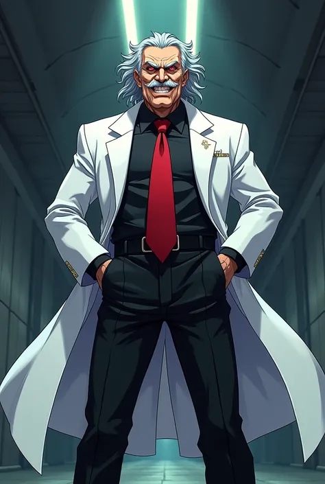 Anime style
Animation style
Full body
Man
51 years old
Grey hair
Mostaches
Red eyes
Evil eyes
Smile
Glasses
White lab coat
Black shirt
Crimson pants
Red tie
Black shoes
Villain