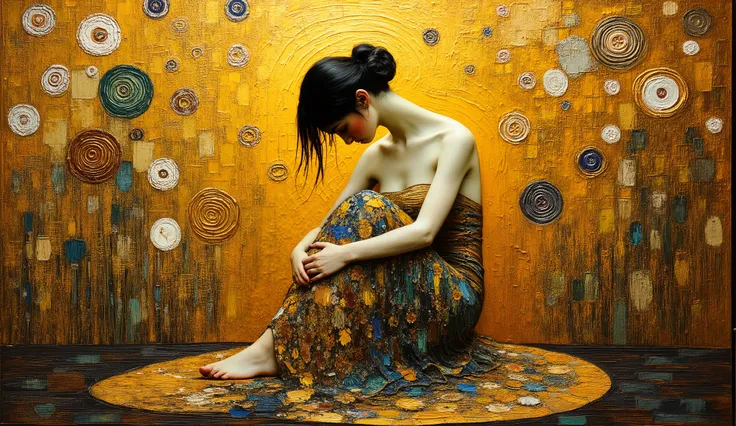 An oil painting in the style of Gustav Klimt depicting an introspective woman seated on the floor, arms wrapped around her knees, head raised, and eyes closed, enveloped by a mystical golden world behind her, emotions shown through intricate floral pattern...