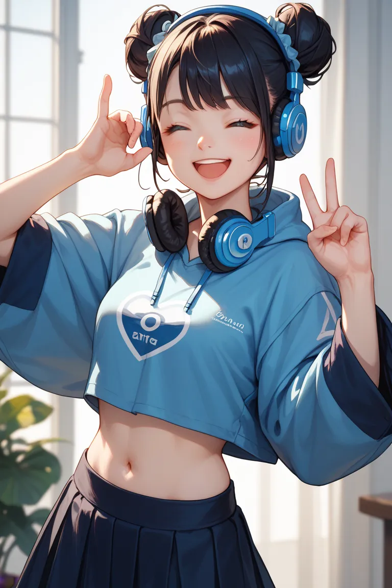 an anime woman in blue clothes stands and gestures excitedly at camera, 1girl, solo, closed eyes, navel, smile, double bun, open mouth, black hair, hair bun, facing viewer, midriff, headphones, skirt, ^ ^