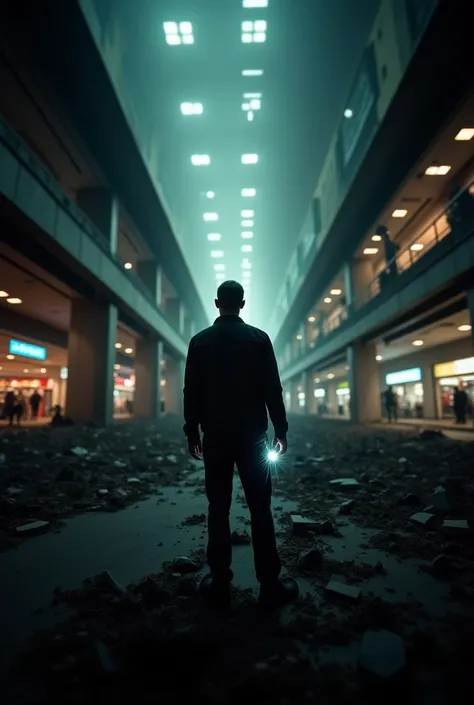 An ultra-realistic point-of-view (POV) shot capturing the first-person perspective of a man standing in a completely destroyed mall, holding a flashlight in the midst of an apocalypse. The character’s hands are visible, creating a sense of immersion, as if...