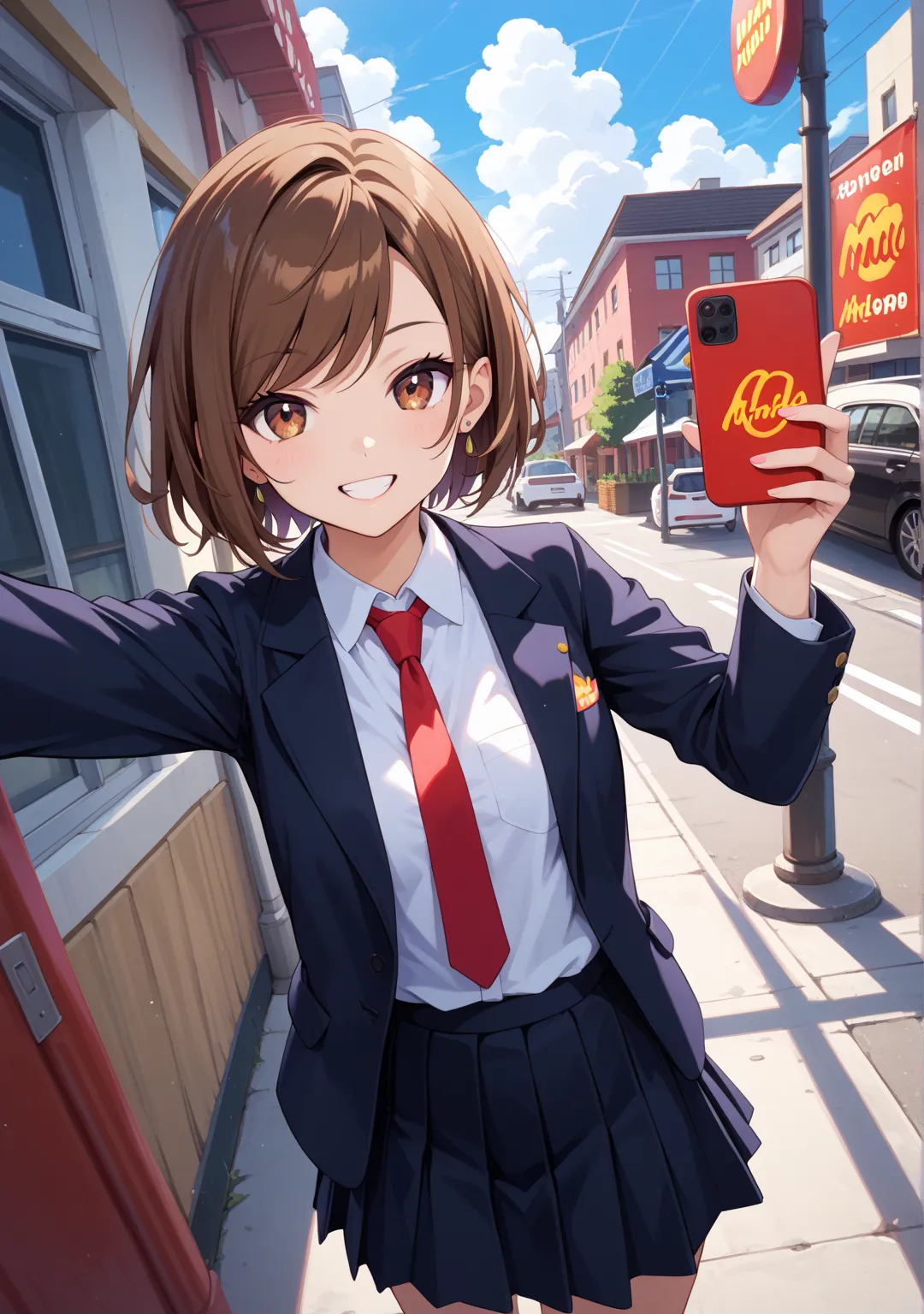 nsfw,one girl, McDonald,short hair,straight hair ,brown hair, brown eyes,swept bangs,smile,Selfie,cloudy, suit, skirt,tie