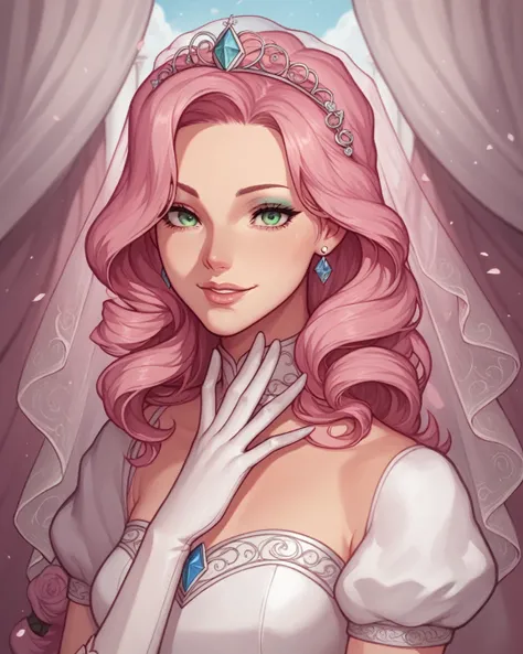 cartoon style, green eyes, light makeup,  pink hair, Angelic look smiling, beautiful,  Young Woman, Her wedding dress was immaculate white, with puffy sleeves that extended to her cuffs and satin gloves that made her look like a princess. The veil was long...