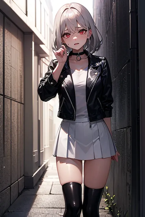 Crying in the middle of the night in an alley, A charming assassin with gray hair and red eyes wearing a black leather jacket and leather skirt over a white t-shirt and wearing a choker