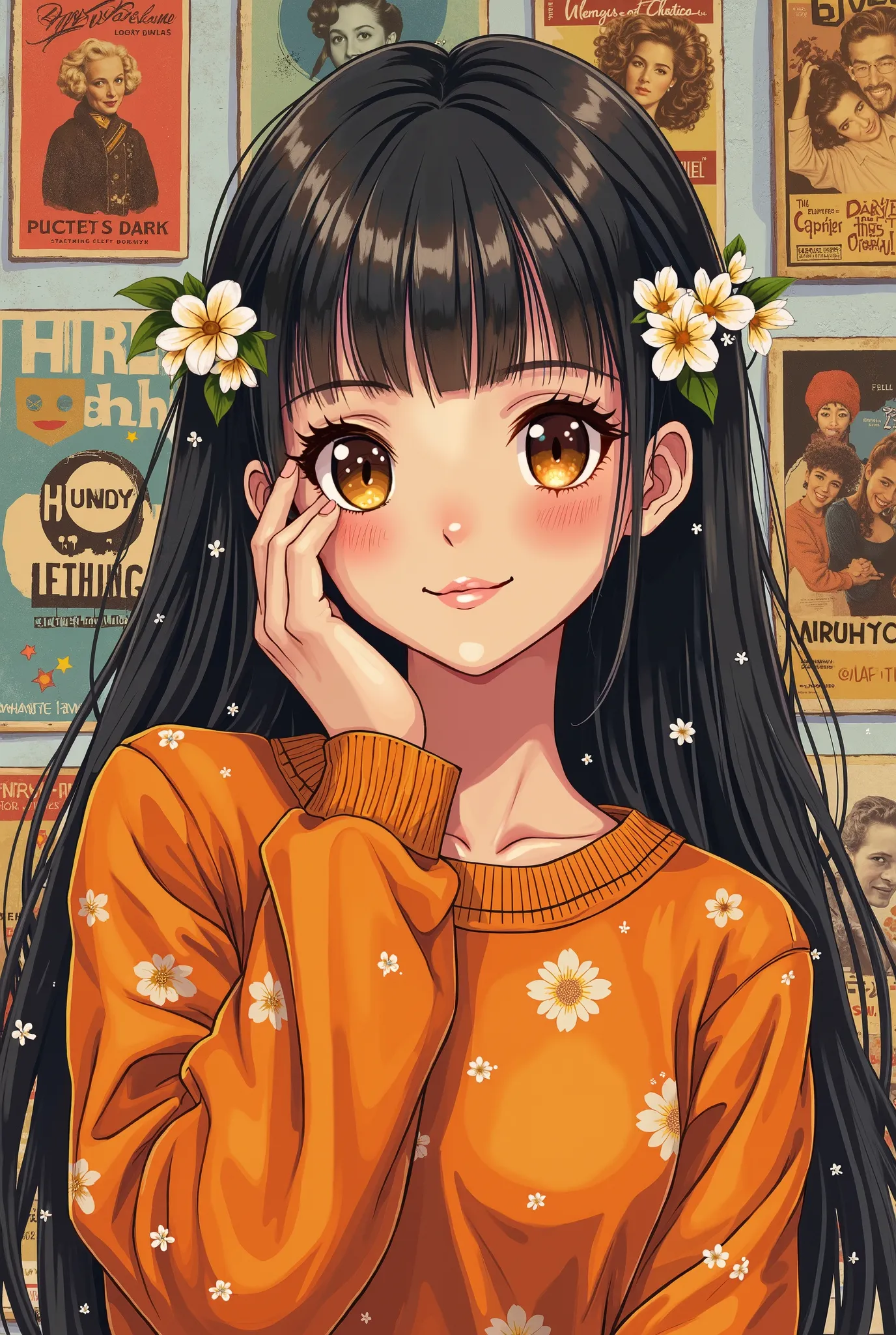 Create a realistic anime-style illustration of A cheerful woman with long, straight black orange gradient hair adorned with tiny white flowers, wearing an oversized orange sweater with a retro-style floral pattern. She has large, expressive brown honey eye...