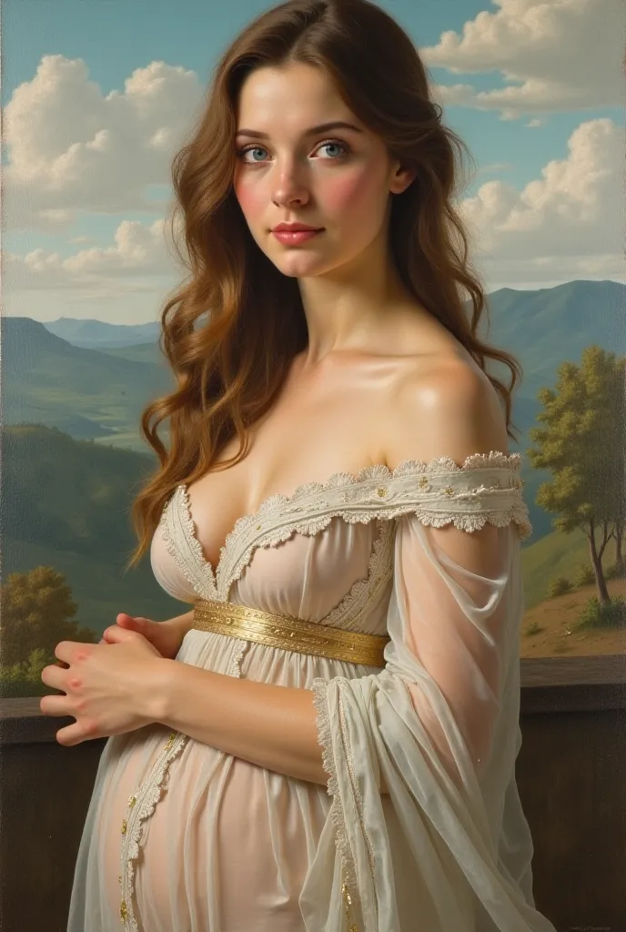  A painting designed in the style of Raphael , a beautiful Caucasian woman with big breasts dressed in a transparent dress.