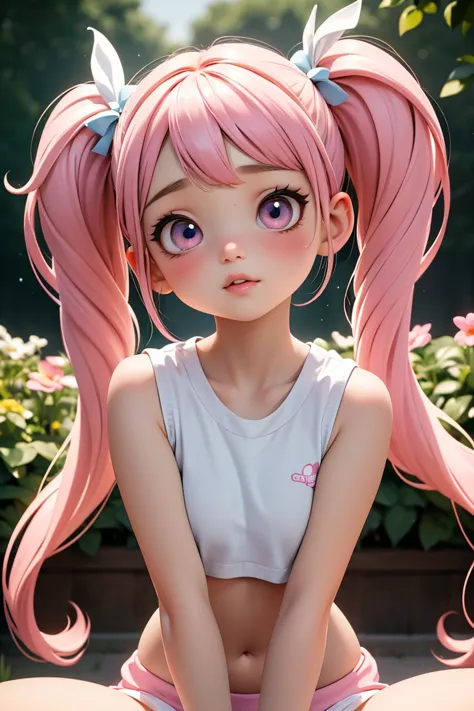 ( best quality, masterpiece:1.2),  ultra detailed , (,  cute), twin tails,  pink hair, pretty boobs cheerleader,  Crop Top,  sleeveless shirt ,  belly button,  underwear, Not suitable for work