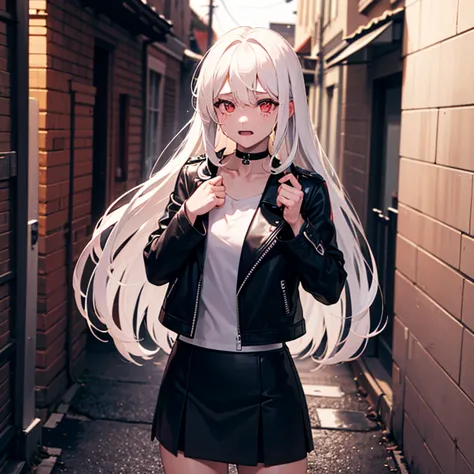 Crying in the middle of the night in an alley, A cool, charming assassin with long white hair and red eyes wearing a black leather jacket and leather skirt over a white t-shirt and wearing a choker