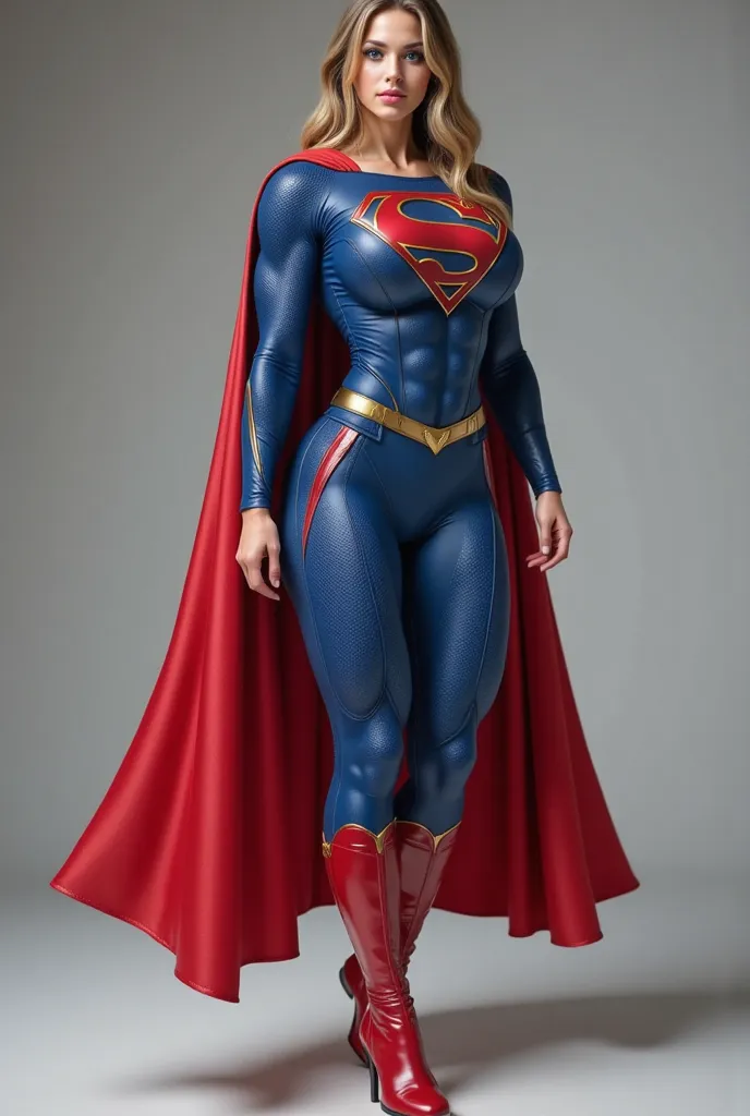 (A SEXY 17-YEAR-OLD FEMAKLE) "A stunning, ultra-detailed 4K HD depiction of a classic 1980s Supergirl-inspired costume. The outfit features a bright blue, form-fitting bodysuit with a bold red and yellow emblem on the chest, a flowing red cape with realist...