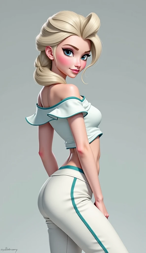 Elsa from frozen. A  white, cropped, loose-fitting, off-the-shoulder top with teal-blue trim details.  Matching teal-blue accent stripes on white athletic-style pants.   Relaxed, serene expression, gentle gaze over her shoulder, neutral emotional state.  D...