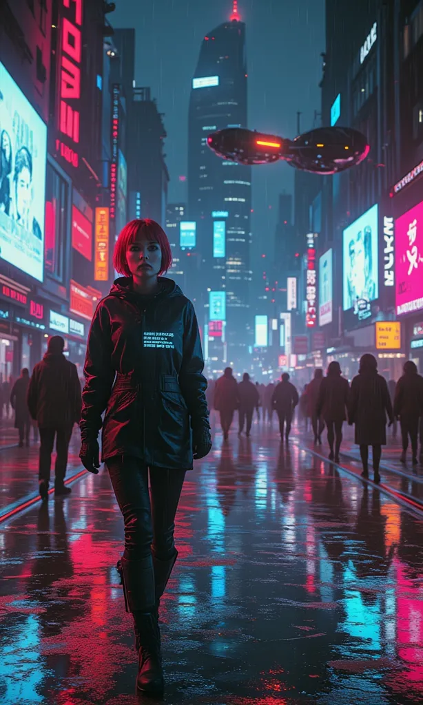 A woman with short red hair walks the vibrant streets of a Cyberpunk city at night. Holographic screens project neon advertisements, while flying vehicles pass above. Her determined gaze reflects on the wet glass of the illuminated sidewalk. She wears a br...