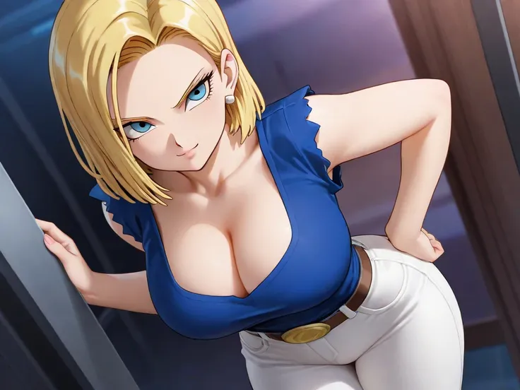 android_18, 1girl, blue eyes, blonde hair, short hair, earrings, blue_shirt, white_pants, sleeveless_shirt, pearl_necklace, curvy, wide_hips, massive cleavage