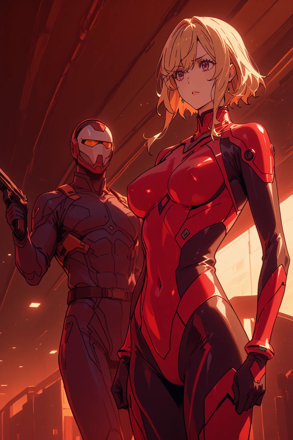  Top Masterpiece、   More details、  beauty、 Highest quality、  （ An Extraordinary Beauty）、a very beautiful woman、 7th life、（Perfect human anatomy）、Presence、 躍動感、 future、Space Suit、bodysuits with unique color schemes、Nice areola、During combat、（ Gunfight）、batt...