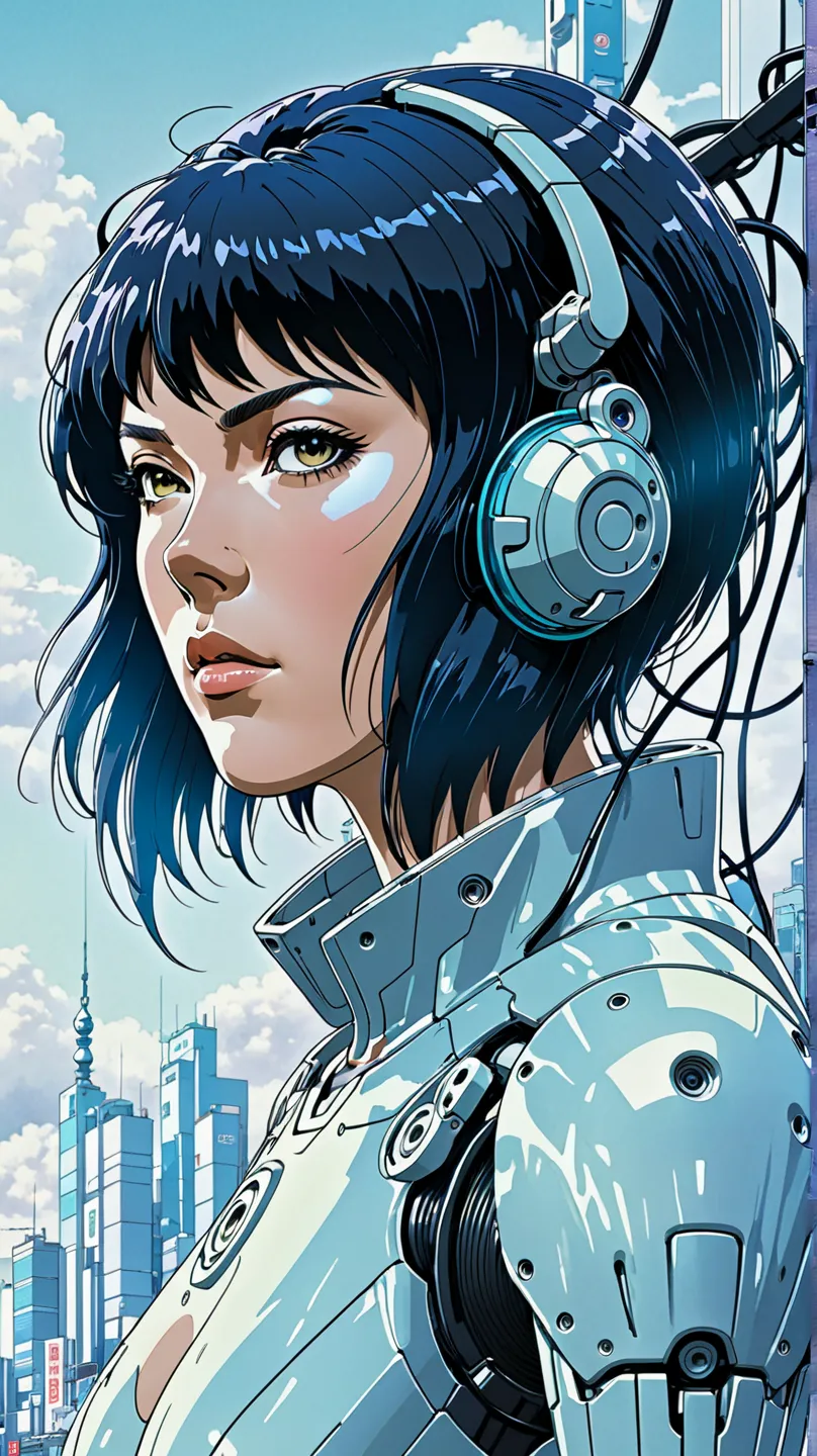 Ghost in the shell in the style of the 90s vintage anime , robotics, Science Fiction,  futuristic face , Surrealism, akira style, Advanced Suit, Detailed line drawing, Fine details, Greg Rutkowski Makoto Shinkai animation Kyoto key art female eye shot at t...