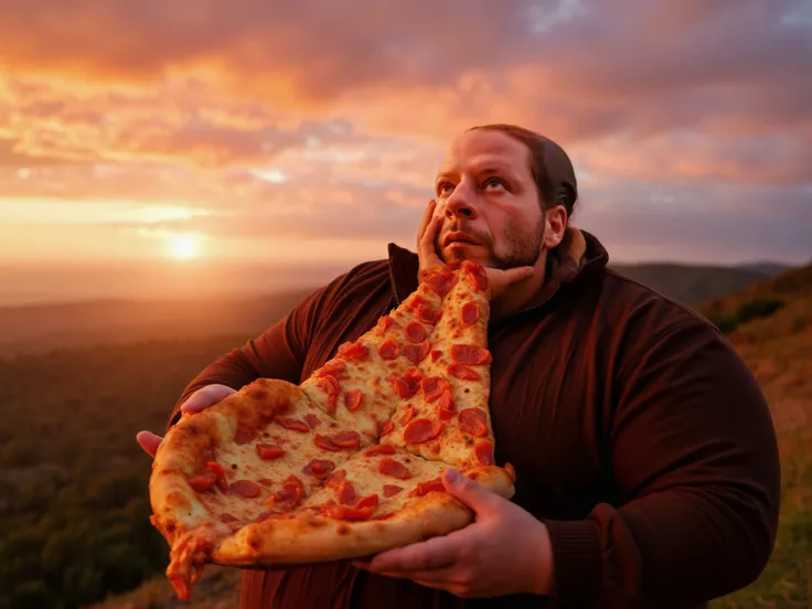 Jeremy, an obese man about to take a big bite of a slice giant slice of pizza at sunset cinematic shot 