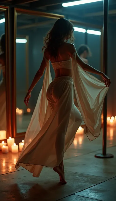 "A dancer in a flowing silk outfit moves elegantly around a dimly lit pole studio, using slow, controlled movements. The far shot showcases warm candlelight flickering along the edges of the room, plush floor mats, and mirrors reflecting her silhouette fro...