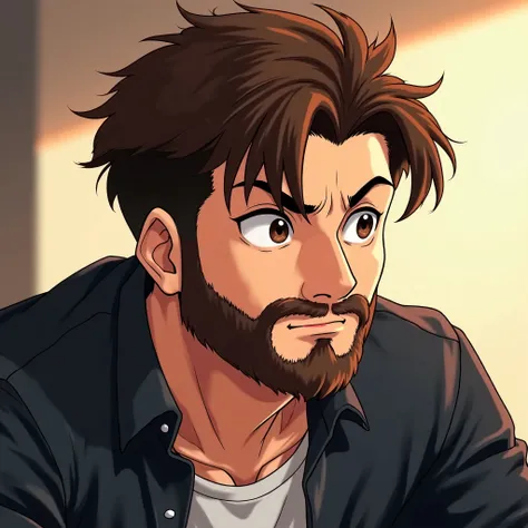 A handsome anime-style man with brown hair and a well-groomed full beard, looking to the side with a strained, deeply focused expression, as if struggling with a difficult task. His slightly messy yet stylish hair has strands falling over his forehead. His...