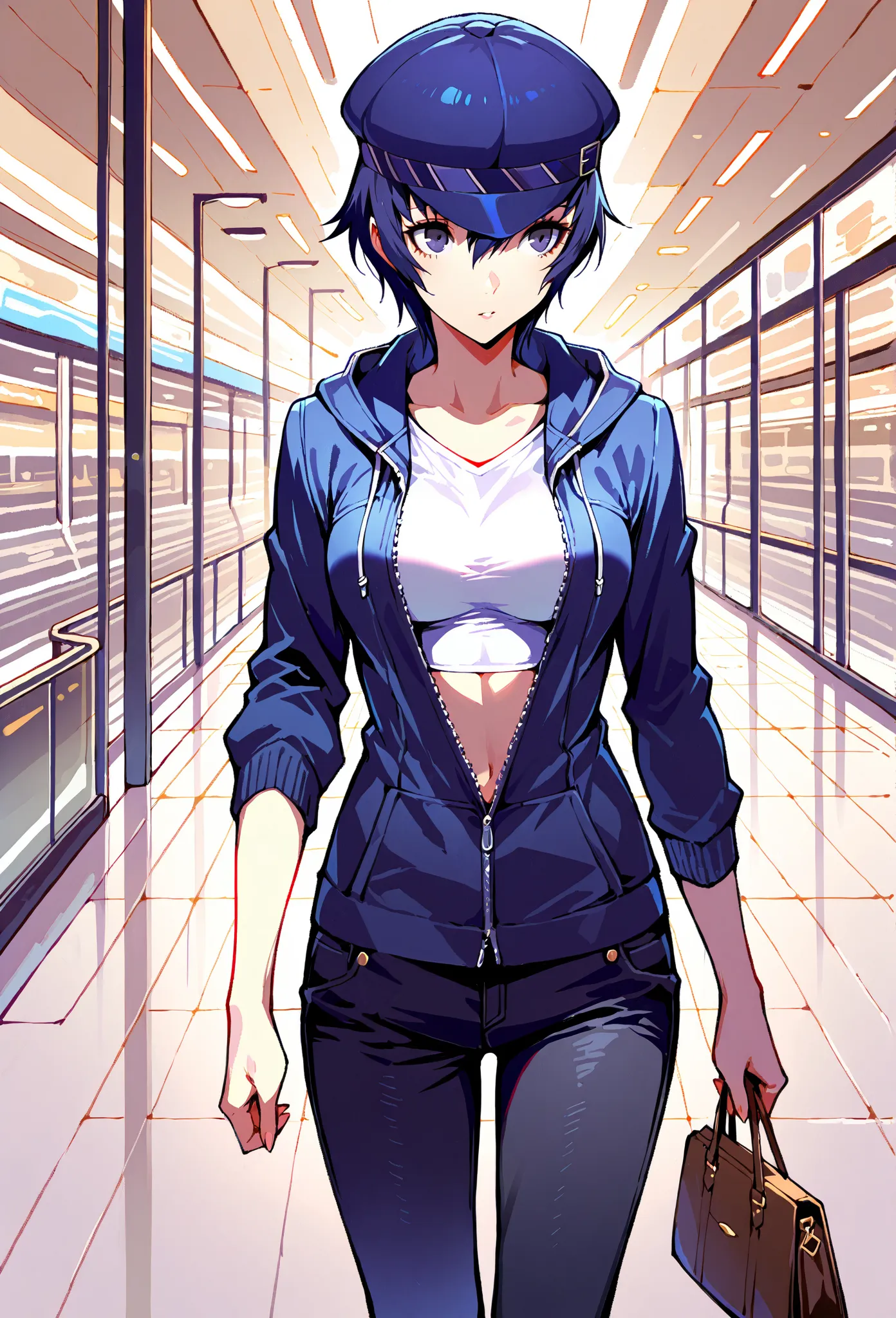 (masterwork, masterpiece, best quality, hyper-detailed :1.2),
1 girl, solo, cute face,
p4naoto, shirogane naoto, blue hair, short hair, androgynous, cabbie hat,
(((Unzipped hoodie))), white crop top, black jeans, mall, walking, purse, medium breasts